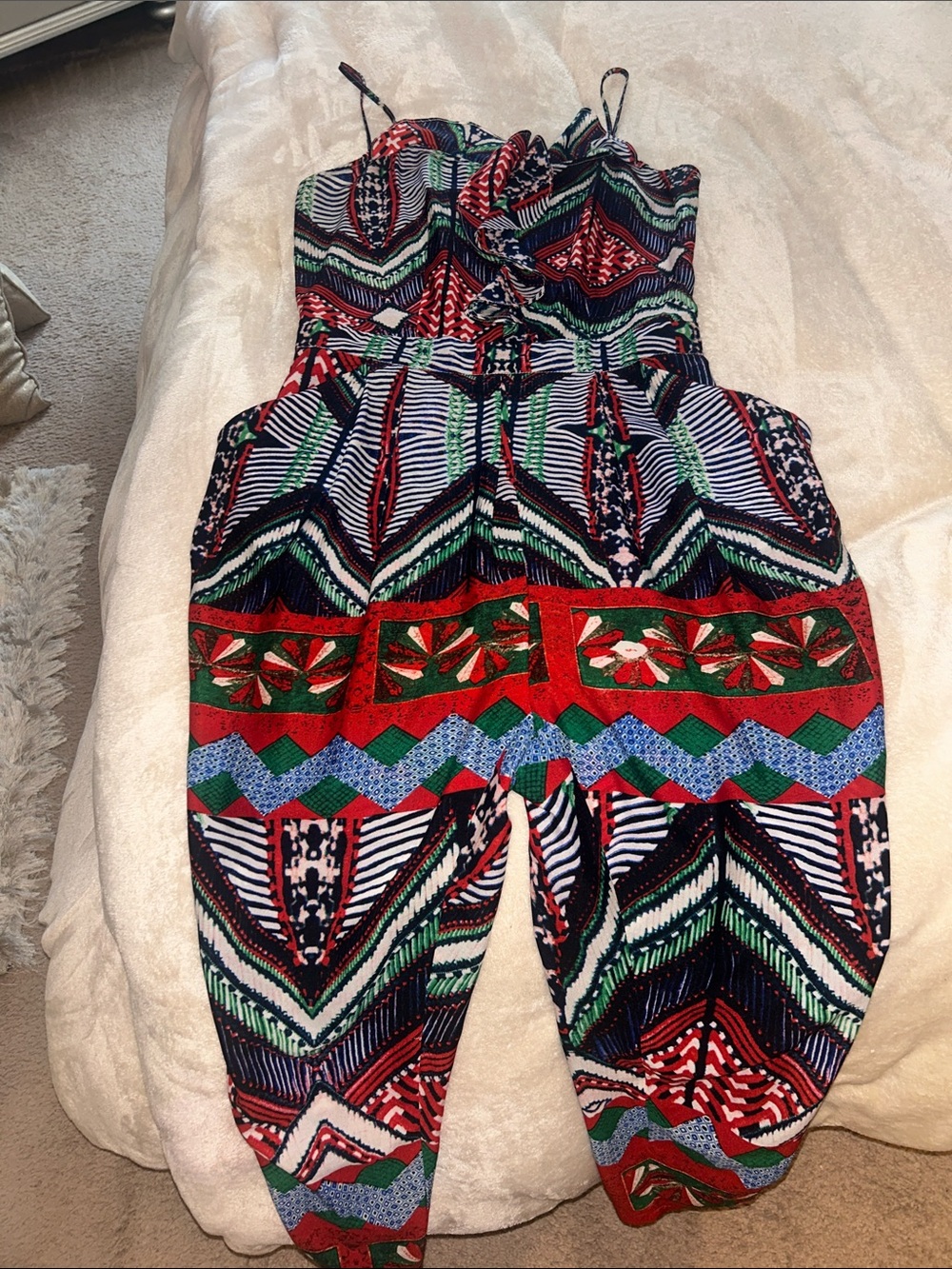 Printed Strap Jumpsuit in Red, Green & Navy
